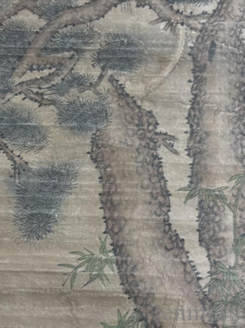 中国古美術 郎世寧款 松鹿図 絹本画 三尺 純手描き 肉筆 掛け軸 絵画 書道