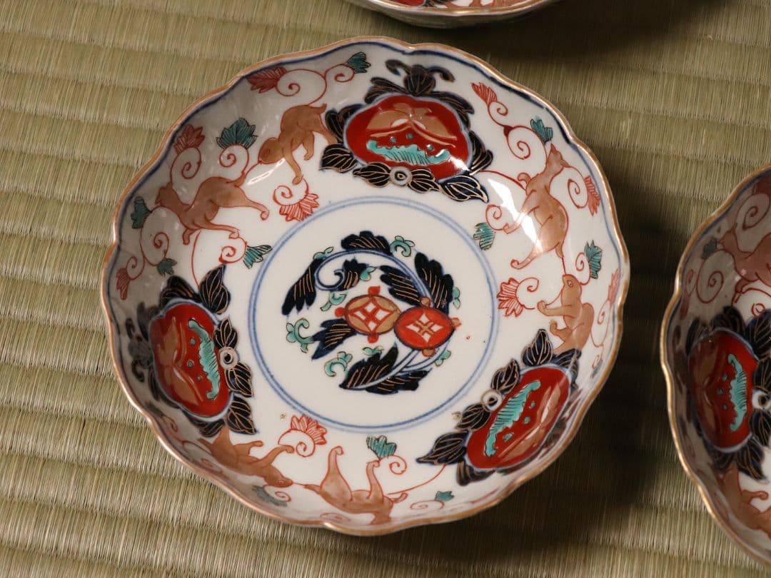 冨貴長春 古伊万里 花唐草獣図 色絵 なます皿 六客 中皿 鉢 錦手【CM12】