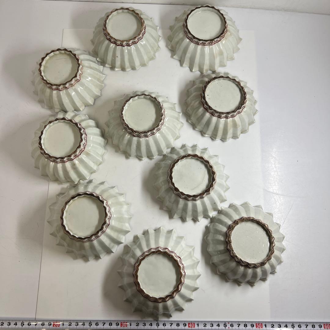 江戸中後期古伊万里赤絵花図　ギザギザ向付10客　木箱付　幅約12.7㎝　トトオサ