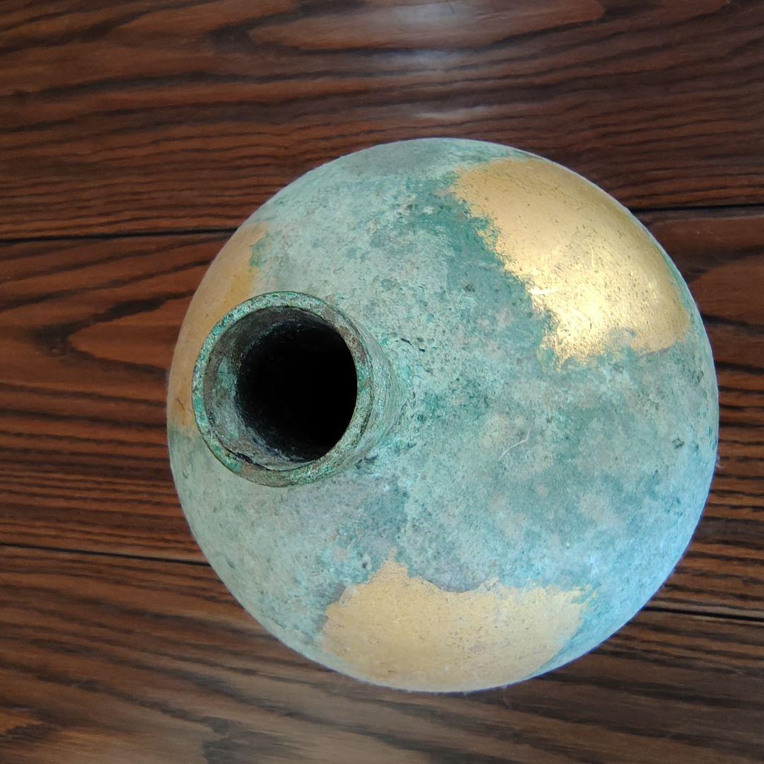 青緑色の金箔装飾陶器瓶 青銅製