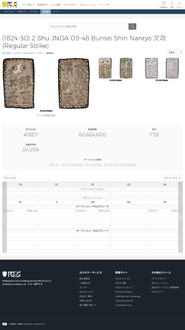 美品　PCGS-AU58 新南鐐二朱銀 文政7年~天保元年 （1824~30）