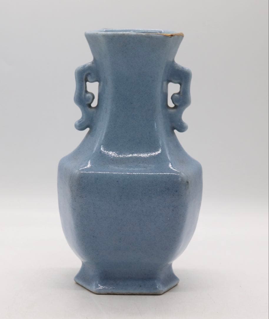 中国　清時代　天青釉雙耳瓶　木箱付　送料込み250520