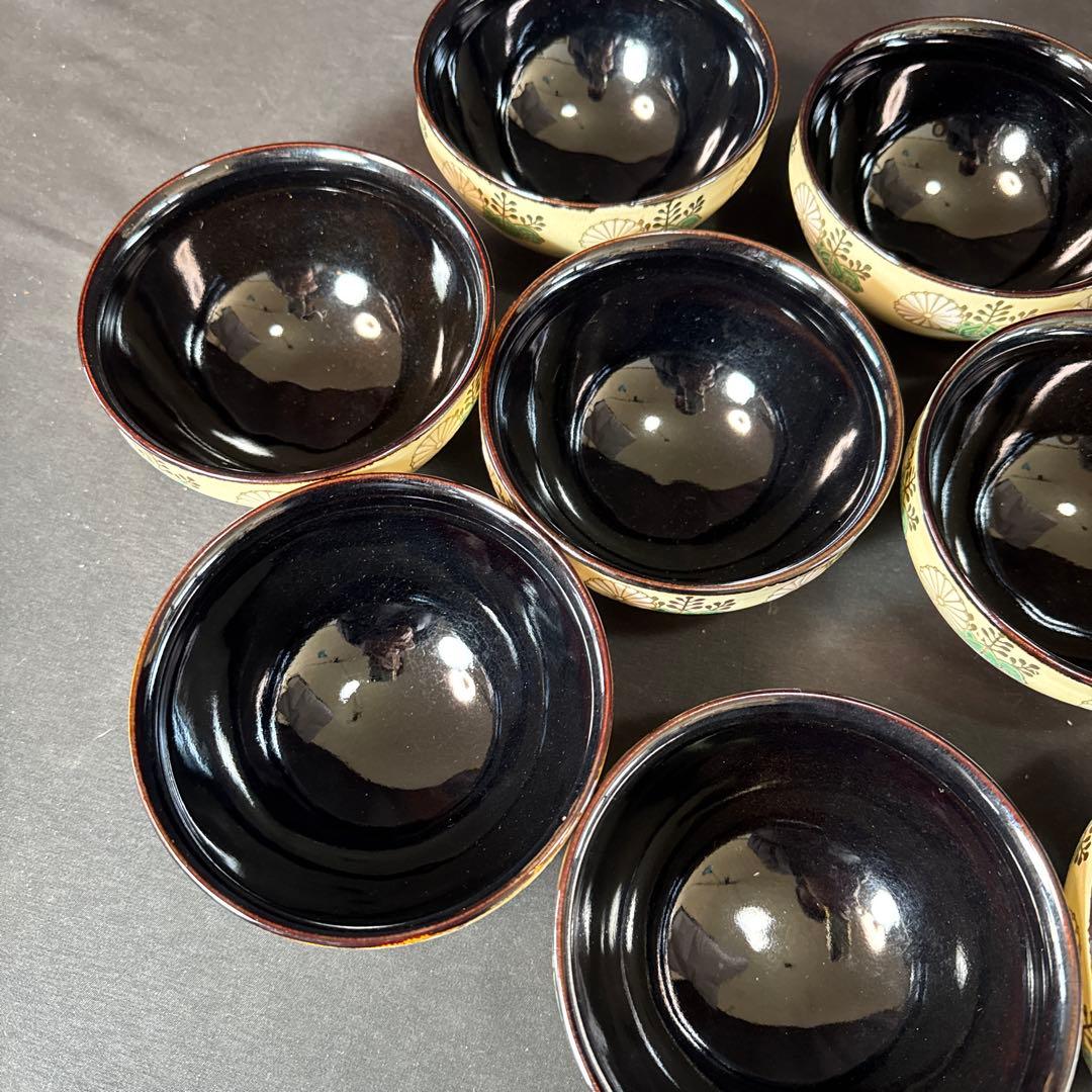 H89 送料無料　数茶碗10客　天目型菊桐文　抹茶碗　茶道具　茶室　昌山　木箱