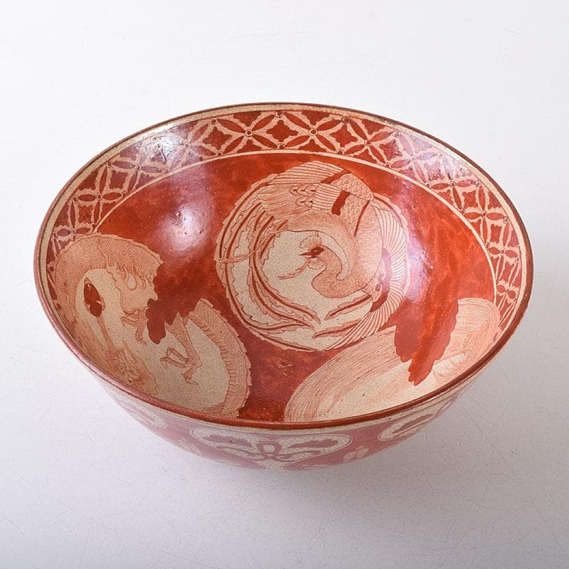 九谷焼　古九谷　八郎手　赤絵　神獣文　鉢　時代箱　M　R8749