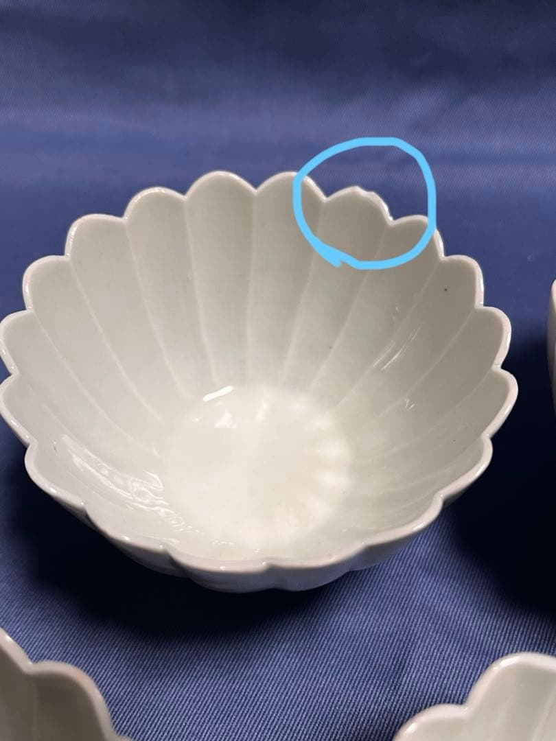 骨董　古伊万里　白磁　菊弁　向付　江戸中期　5個(共箱あり) 2個ホツあり