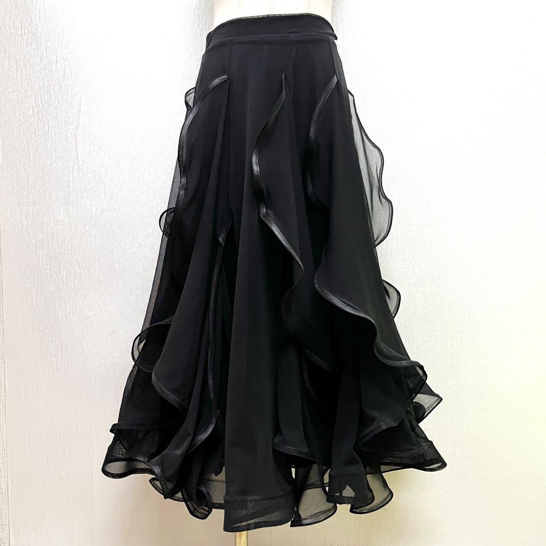 新品 社交ダンス スカート ブラック 縦フリル パーティ 発表会 デモ