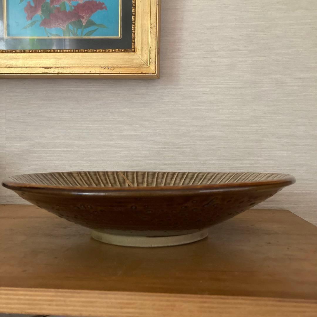 小鹿田焼（おんたやき）打ち刷毛目大皿【民藝ビンテージ】金継ぎ