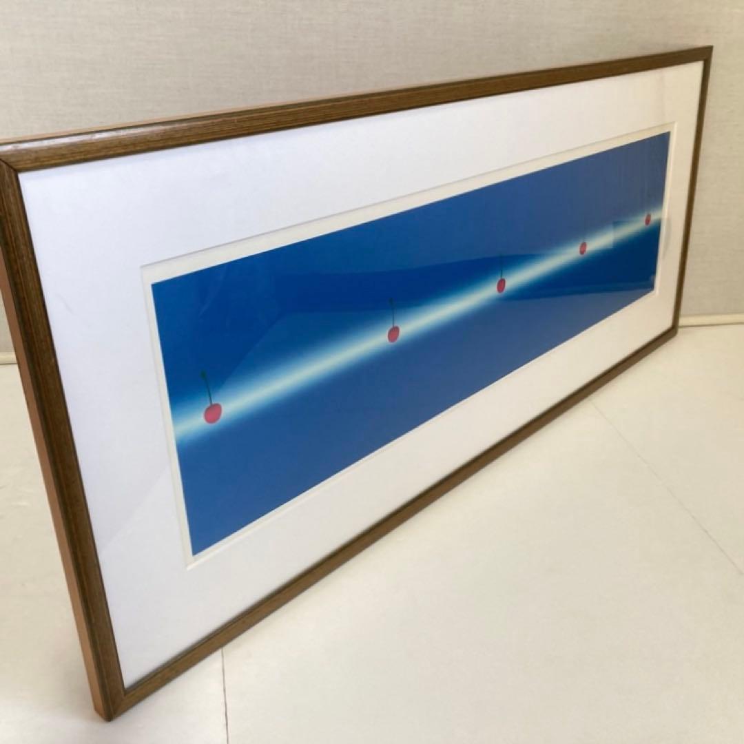 中村憲之 さくらんぼ シルクスクリーン 大型 横長 青色 ポップ モダン レトロ