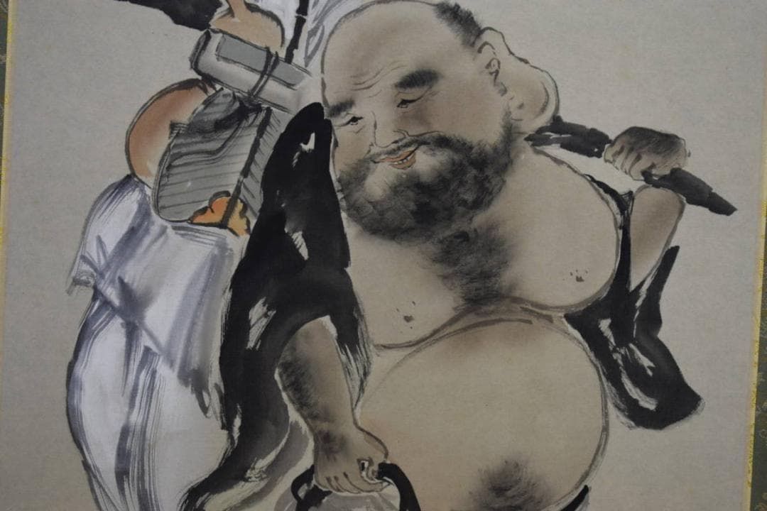 真作/秀峰/布袋画賛/桐共箱二重箱付/布袋屋掛軸HF-17