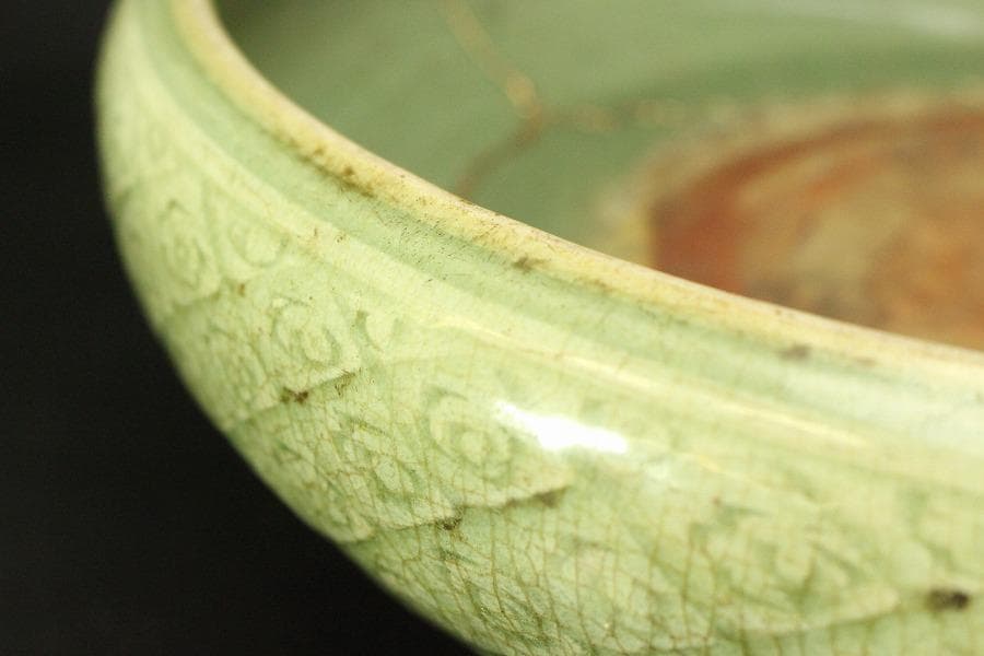 中国美術 七官青磁 三足 水盤 瓶掛 時代物(A880)