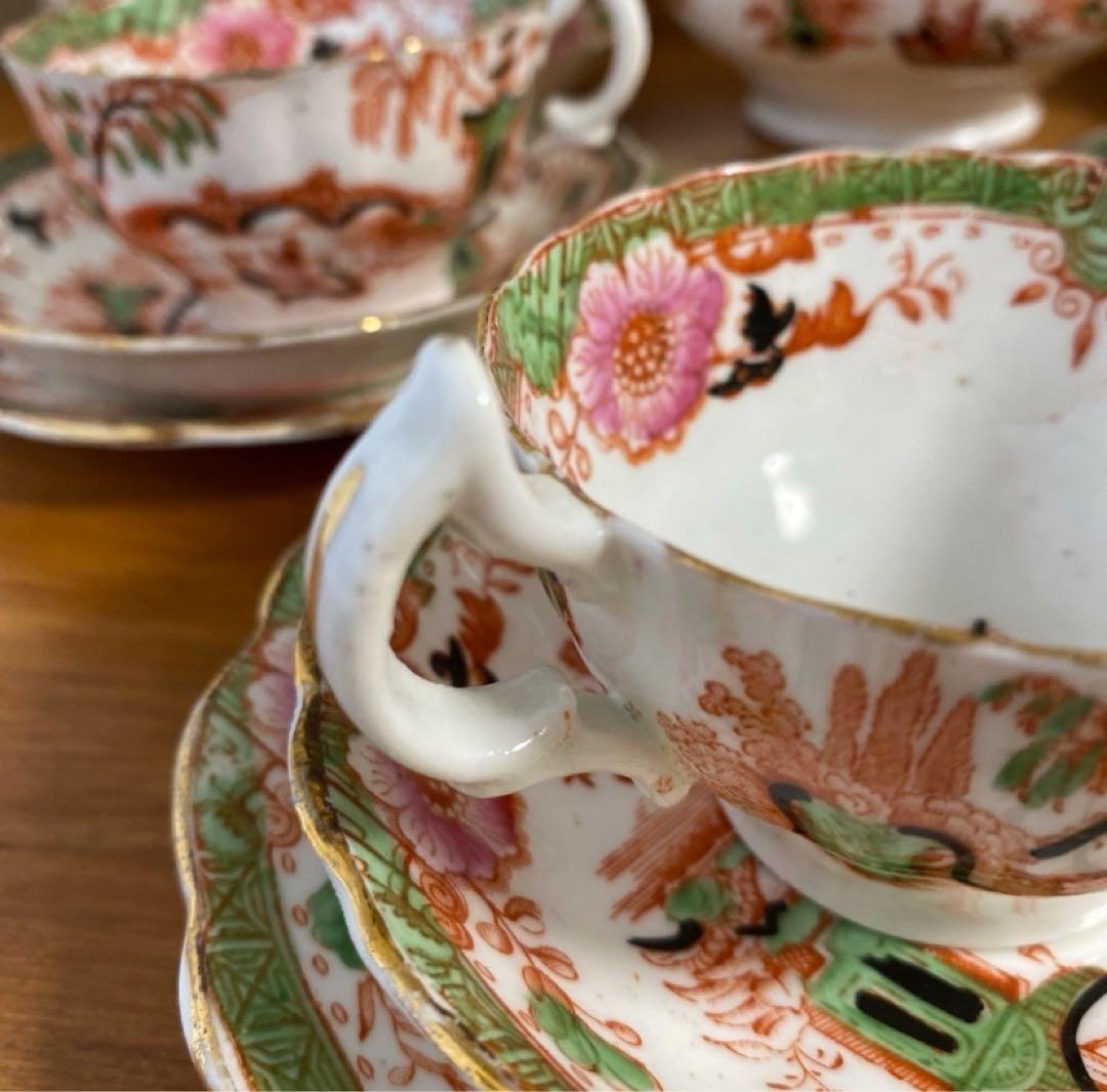 英国窯初期のアンティーク　カップ　ソーサー　プレート　シノワズリ c1880