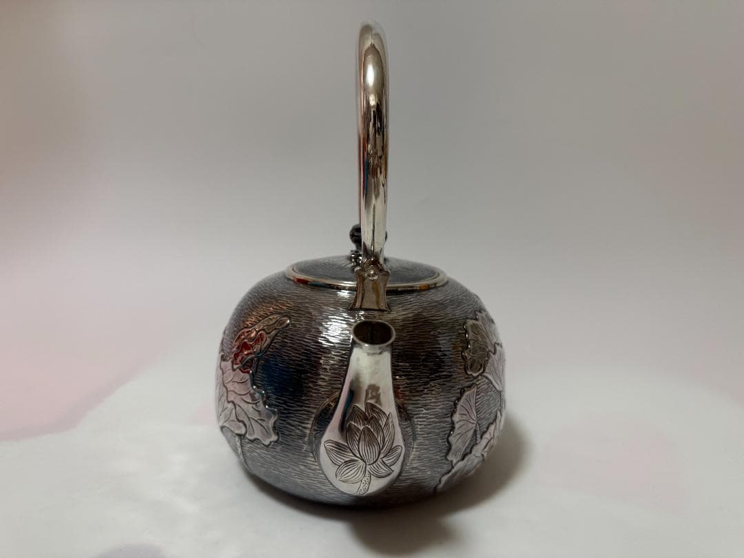 極上純銀製 蓮文様 高工芸 湯沸 銀瓶 煎茶道具 重量1389g