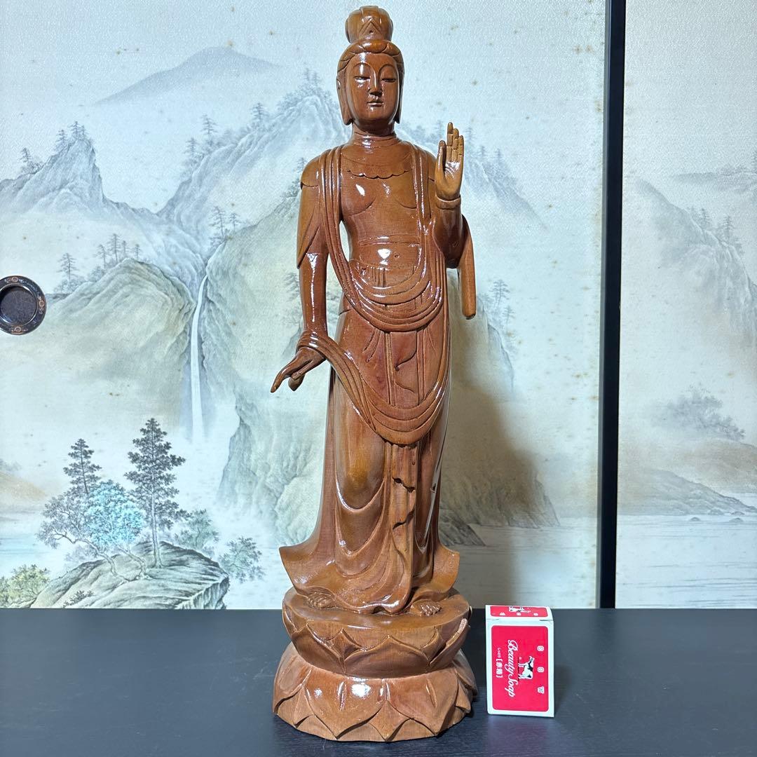 大型 観音菩薩 木彫　仏像 彫刻　開運　風水　置物　縁起物　インテリア　春山作