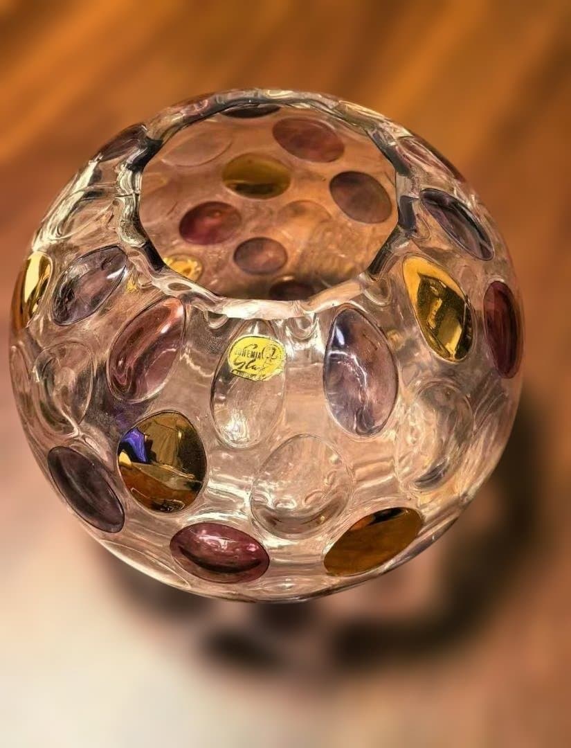 美品 ボヘミアガラス カラードット 花瓶