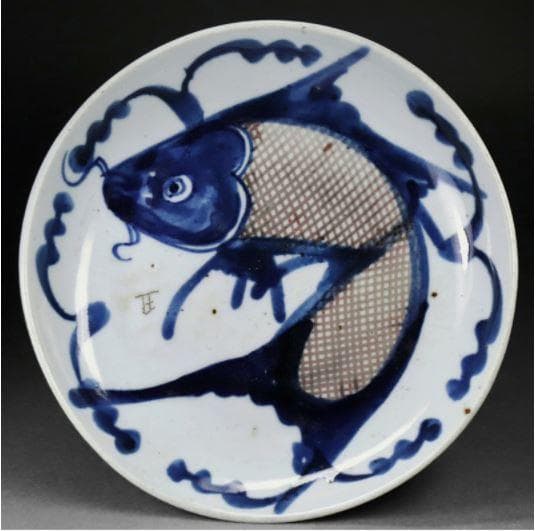 【海】18～19世紀中国清代中～後期 青花釉裏紅「登竜門」図皿 染付辰砂魚鯉図