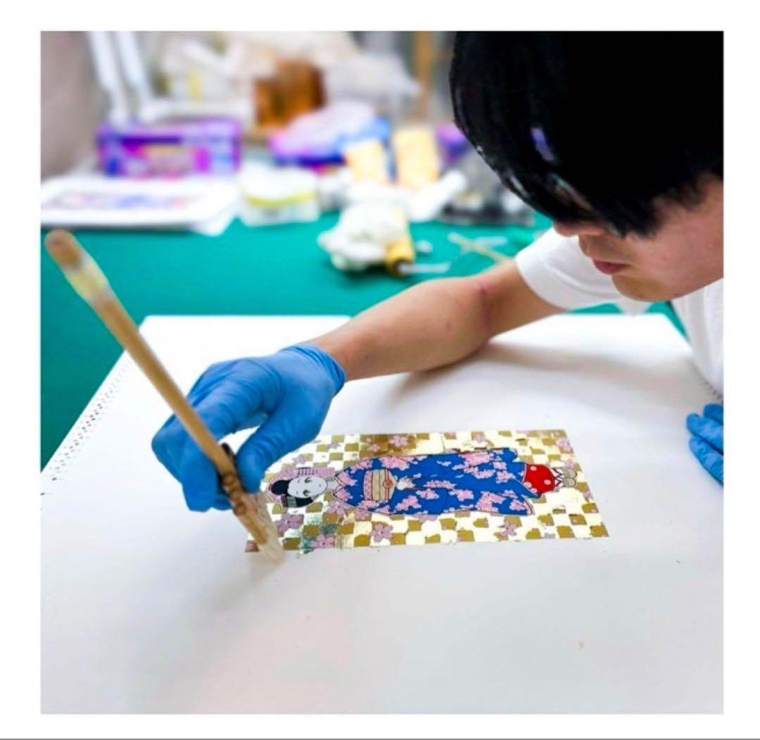 村上隆エディションサイン入り版画（背景純金箔の手押し版）『舞妓さん 短冊』