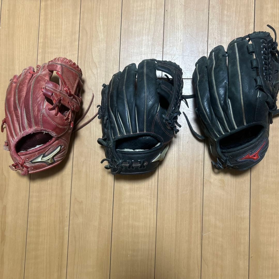 軟式野球グローブ赤黒MIZUNOグローブ3個セット