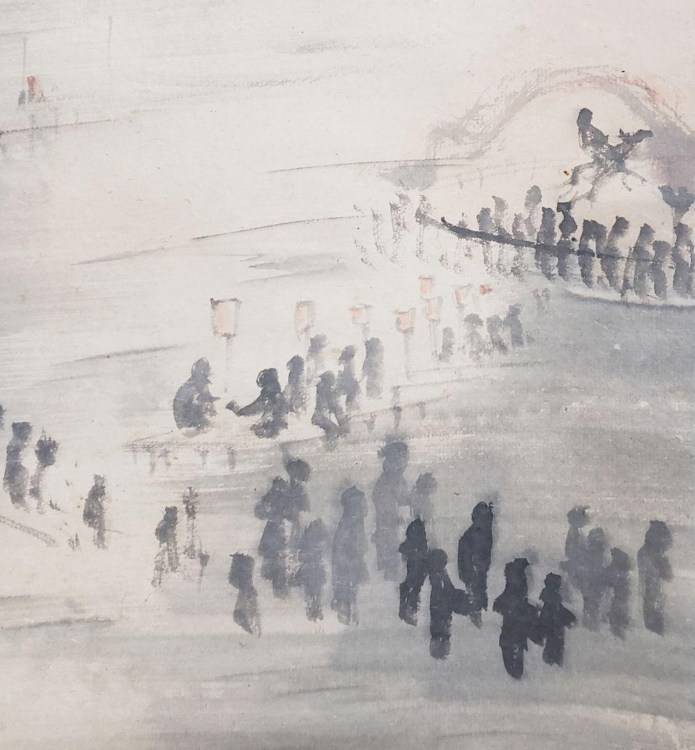 【夕涼み河川敷図】前川文嶺 958 影絵　掛け軸　肉筆