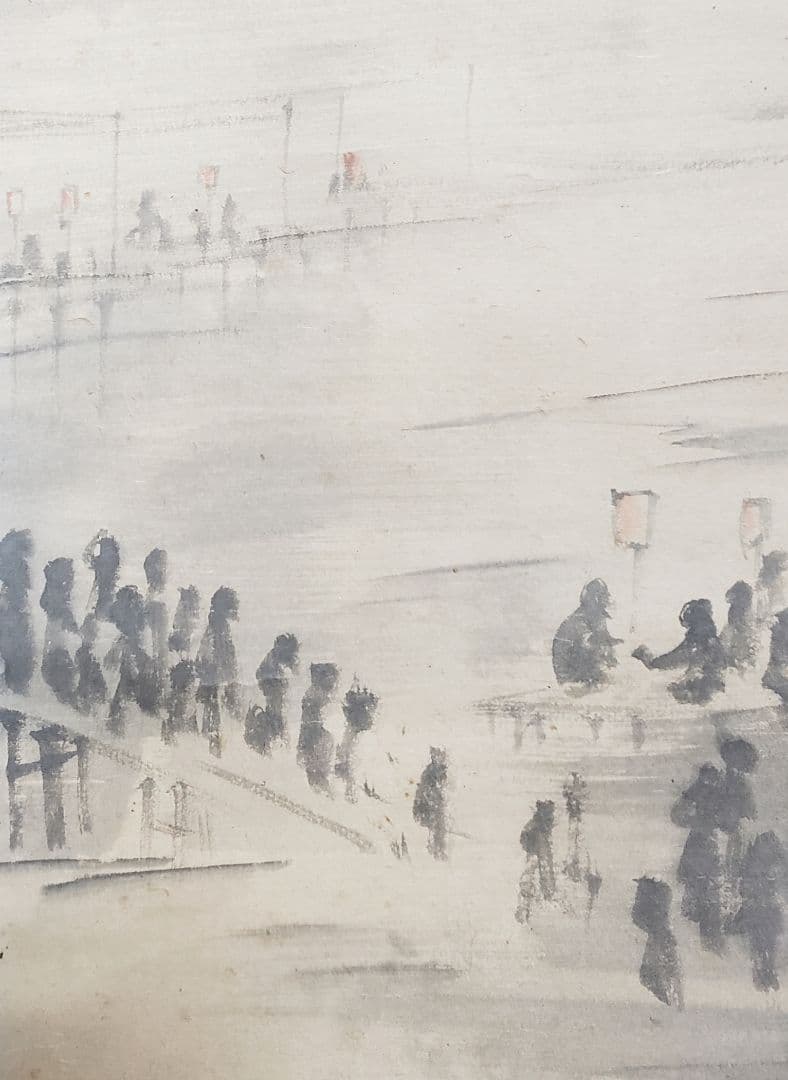 【夕涼み河川敷図】前川文嶺 958 影絵　掛け軸　肉筆