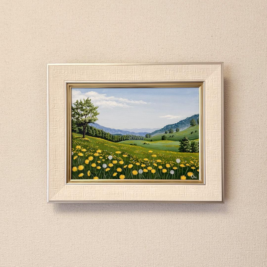 アクリル画　原画　「野花の咲く高原01」額縁付　F4サイズ　キャンバス