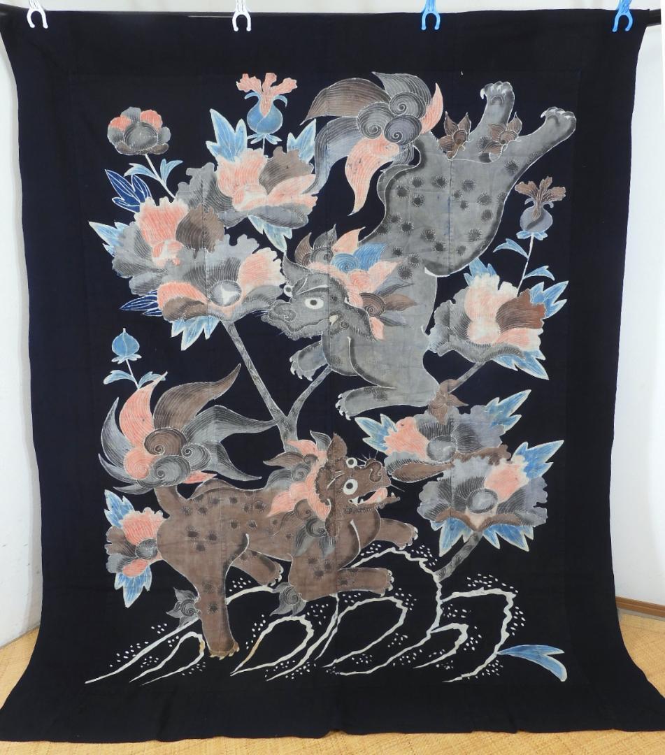 木綿・明治期筒描・唐獅子牡丹・明治の藍木綿・筒描き