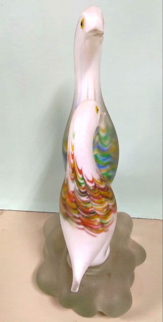 ベネチアングラスの置き物　2羽の鳥　フロストガラスコーティング　ハンドメイド