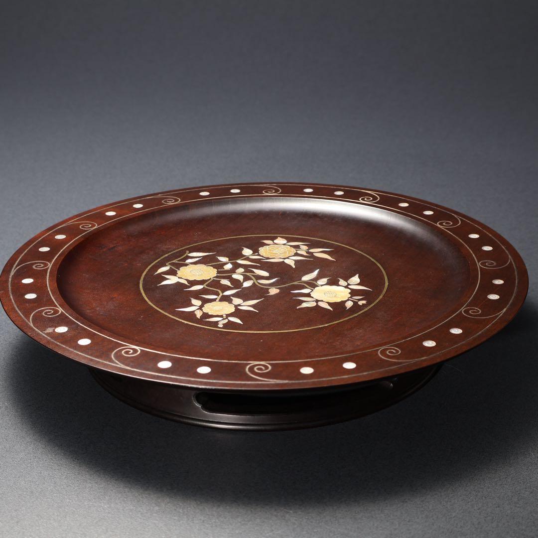 漆塗　丸盆　黄銅銀 螺鈿野菊文丸盆　共箱　吉本寿　R1430お3