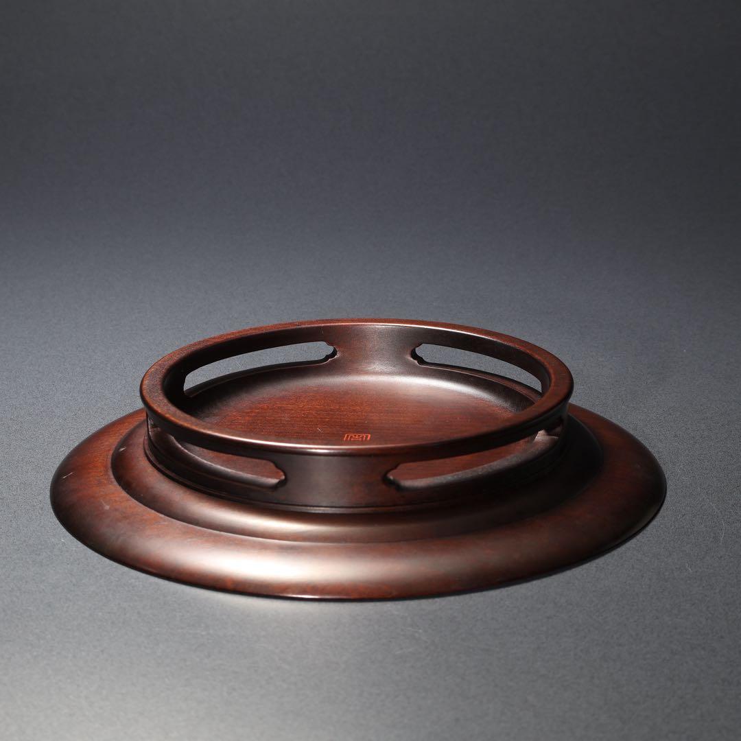 漆塗　丸盆　黄銅銀 螺鈿野菊文丸盆　共箱　吉本寿　R1430お3