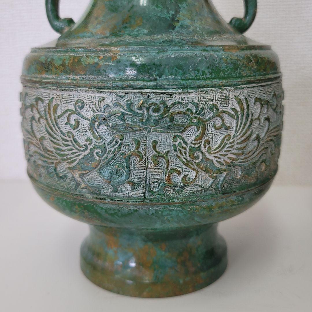 青銅器 花瓶 2個セット 鳳凰 緑色 アンティーク 緑色