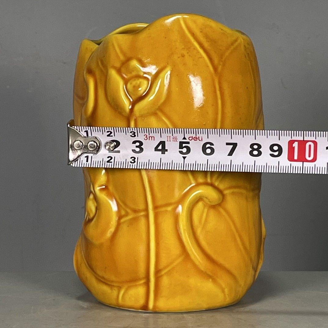 黄釉 蓮葉型 筆箱 筆筒 筆置き 筆入 文房具 美術品 工芸品 置物