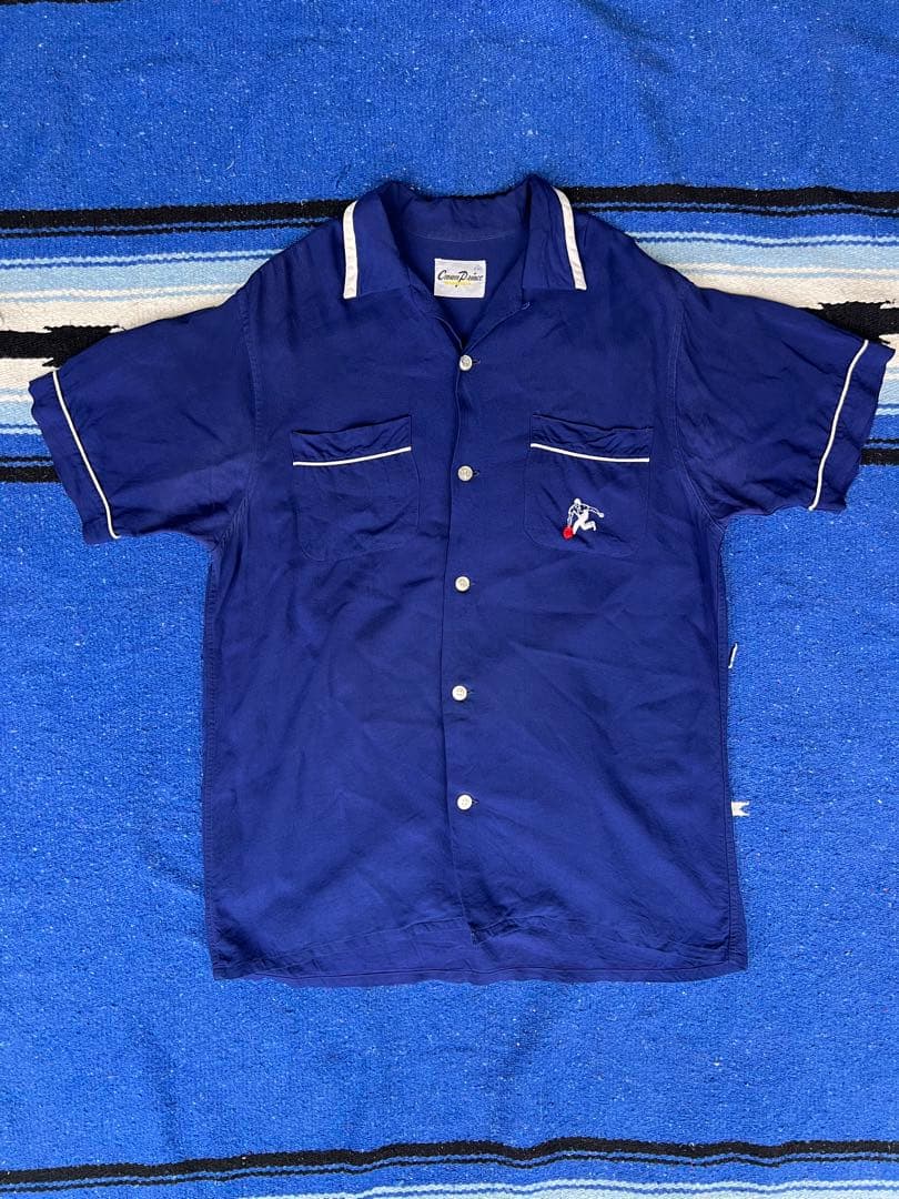 60s ボーリングシャツ　フロッキープリント　チェーンステッチ