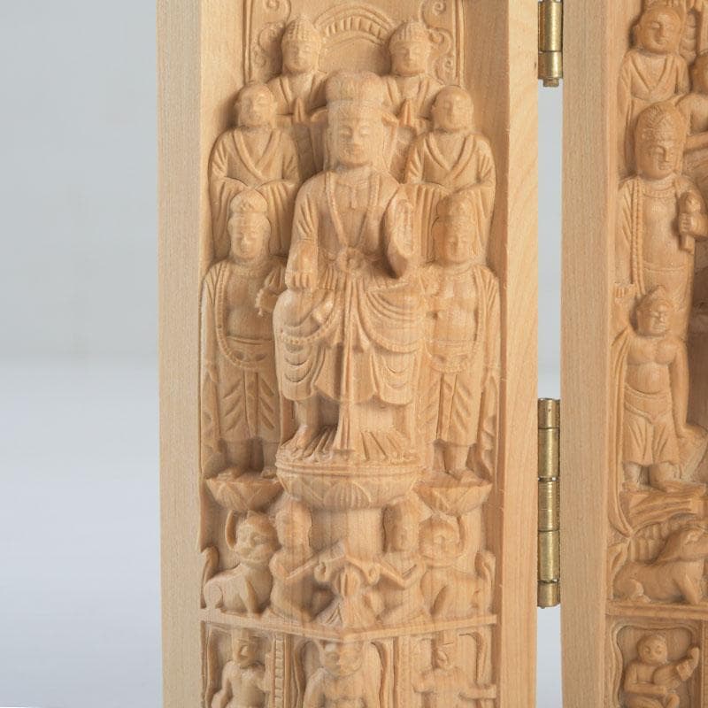 仏教美術　柘植彫刻　諸尊仏龕　三開仏　仏像　木箱付　N　9423
