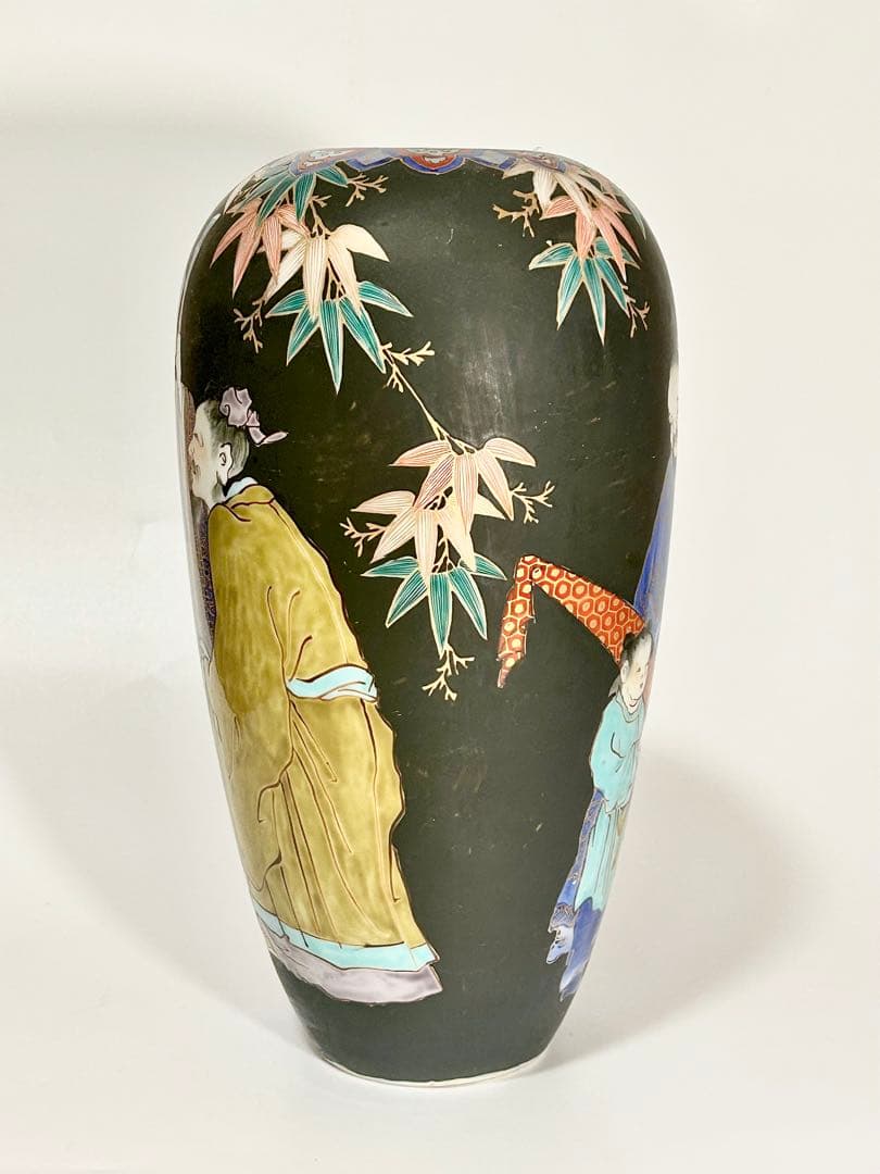 明治初期 香蘭社 褐地色絵竹林賢人図花瓶 有田焼 伊万里