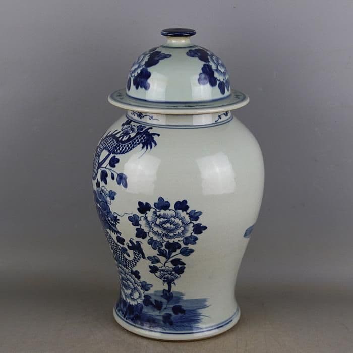 清康煕青花竜着牡丹紋将軍缶 景徳鎮 陶磁器 装飾品 現代工芸品 美術品 置物