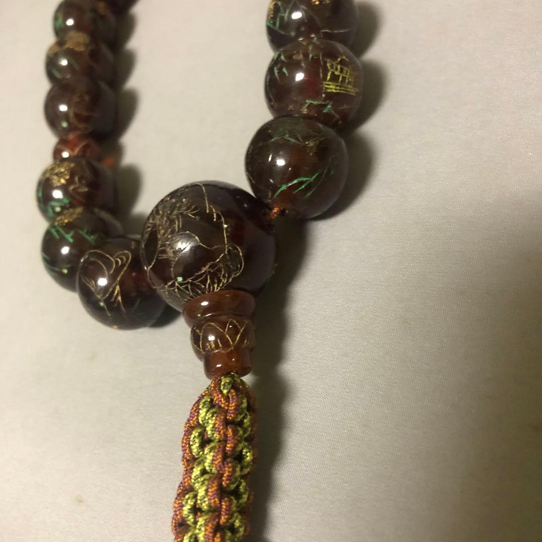 琥珀　彫り絵　念珠