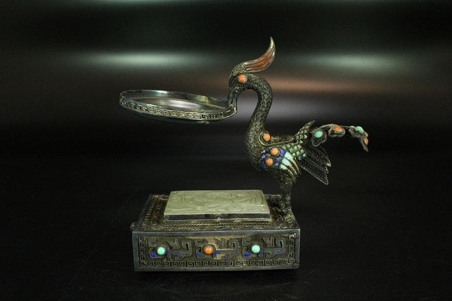 銀七宝 鳳 和田玉 白玉刻花鳥 宝石 珊瑚 象嵌 花鳥 饕餮(K-A156)