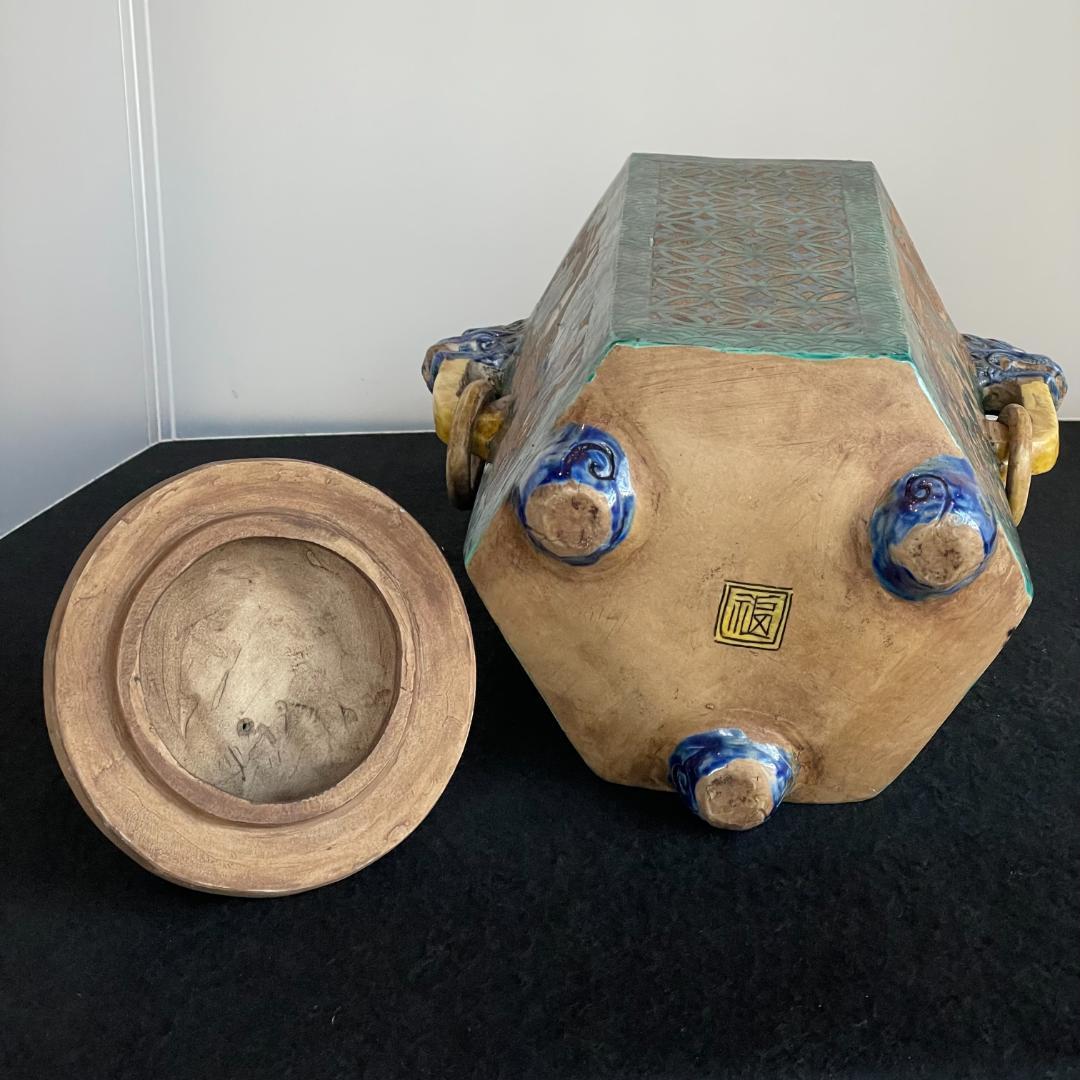 希少 古九谷 青九谷 青手 香炉 角福 1800年 香炉 鳳凰 獅子 吉田屋