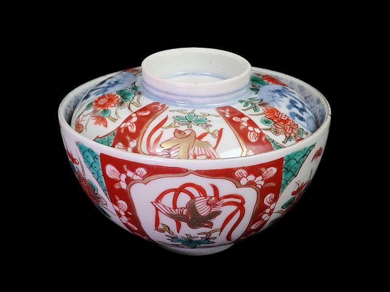 古伊万里　色絵　桐に鳳凰　丸紋に菊の図　蓋茶碗　４客　D200AS-fbut