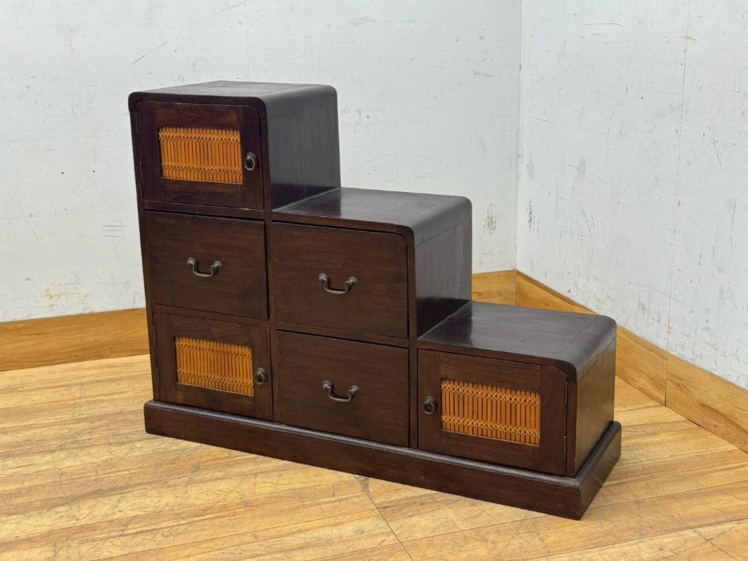 T1492☆階段箪笥　アジアン家具　和箪笥　時代箪笥　組子細工　木製　和家具