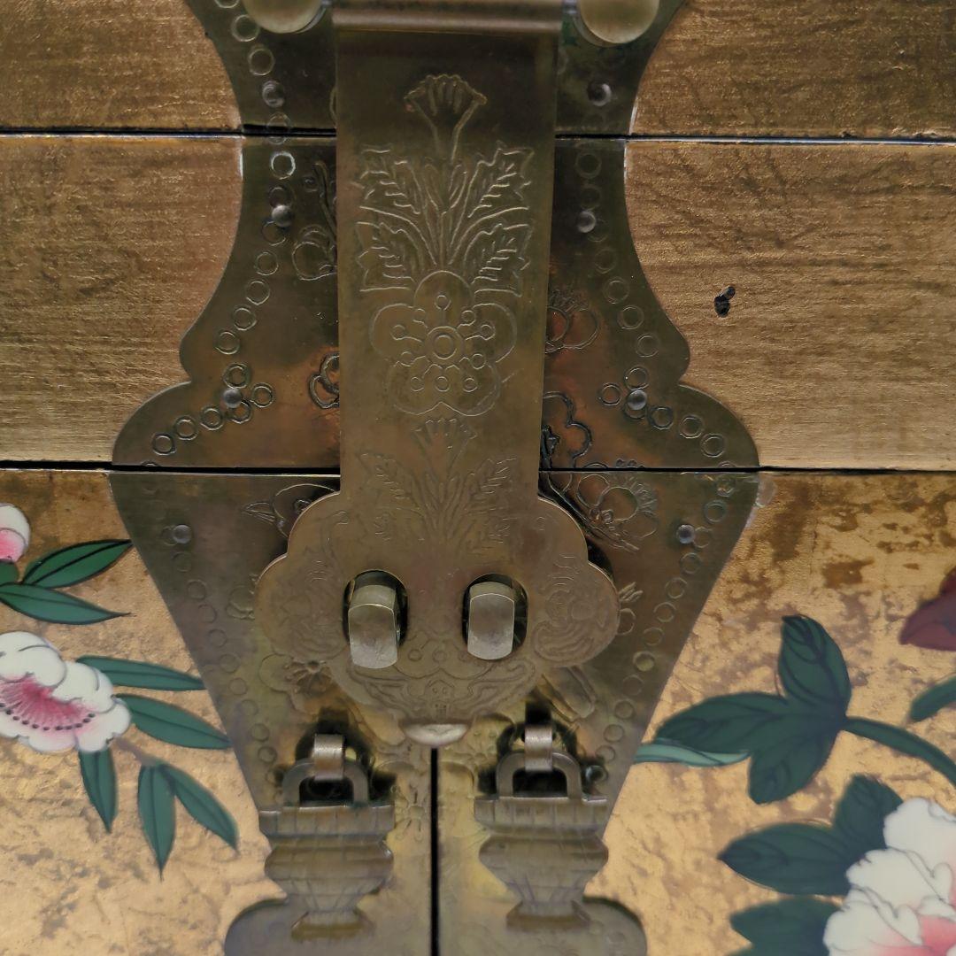 李朝 宝石箱 金箔装飾 花鳥模様 漆塗り　骨董品　時代物　旧家　初出　蔵出