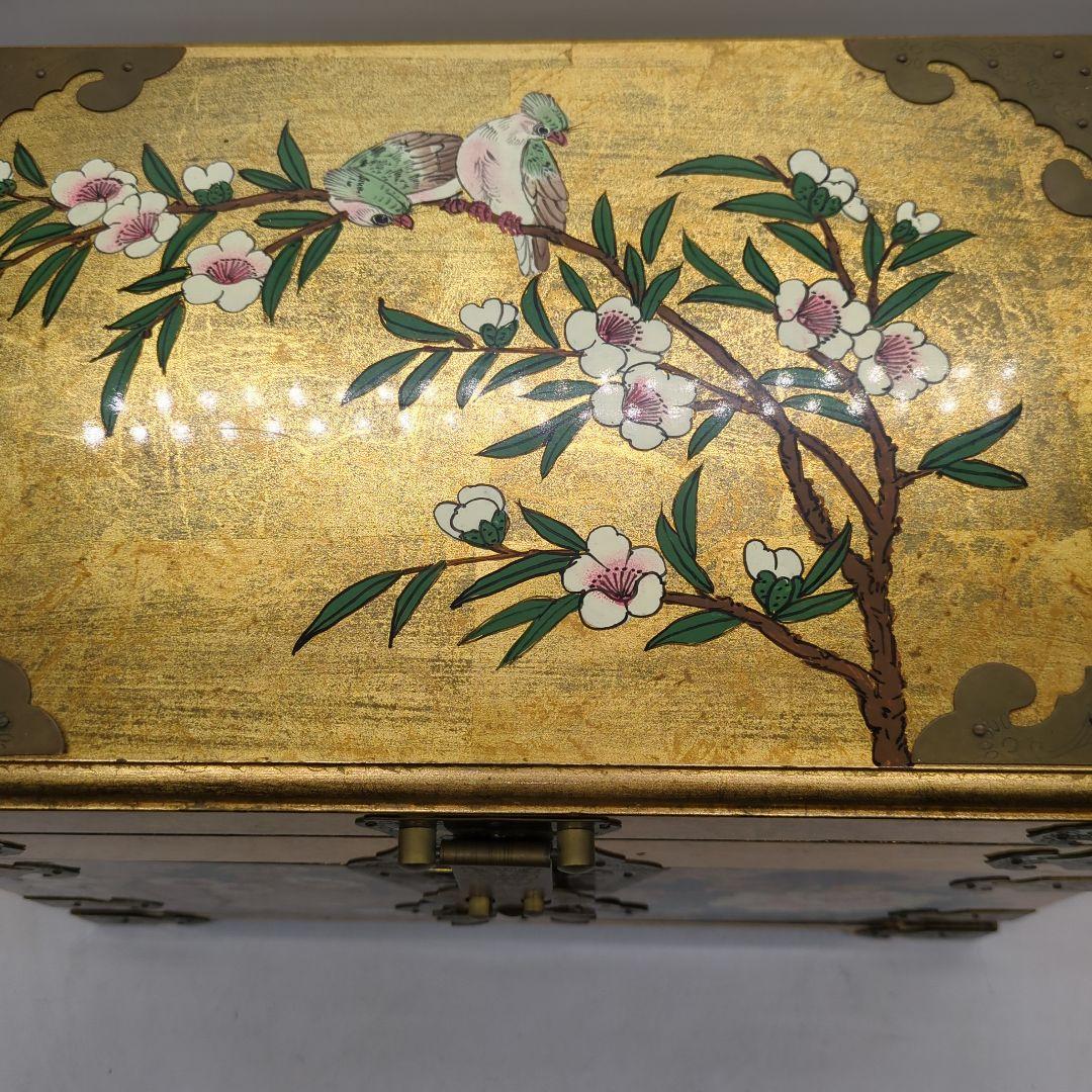 李朝 宝石箱 金箔装飾 花鳥模様 漆塗り　骨董品　時代物　旧家　初出　蔵出