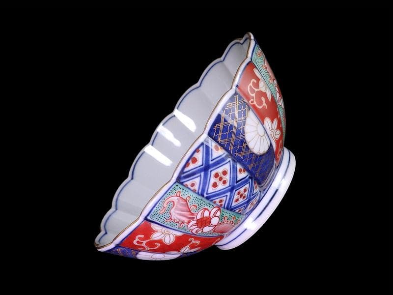 大聖寺伊万里　金襴手　寿紋に輪花楕円変形皿　大振向付　E704AS-CZk