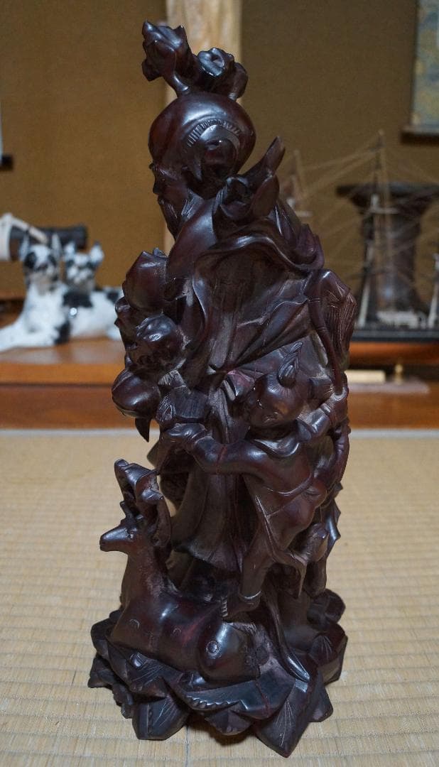 中国美術/ 唐木彫細工彫り『唐子寿老人立像 桃仙人』 置物 高41.5m