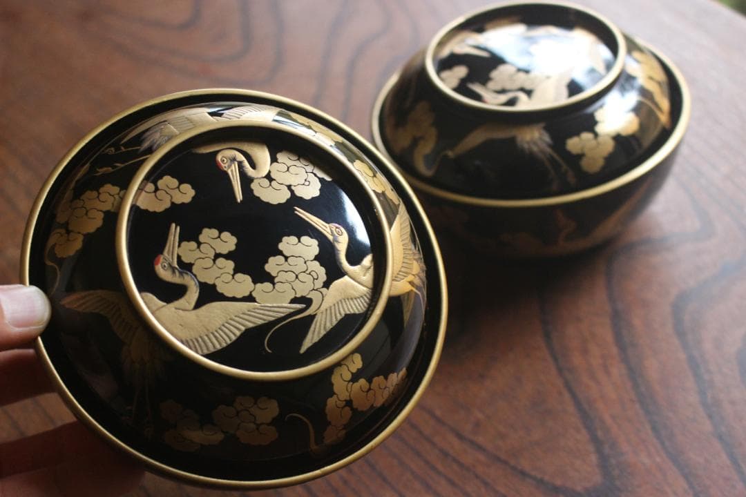 高台縁傷のみ！時代金縁黒漆に極上雲鶴蒔絵の映える煮物椀2点（検京塗輪島塗雑煮椀