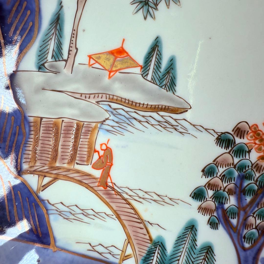 豪商家特注品　古伊万里　染錦風景画輪花型七寸皿　五客　直径21.5㎝