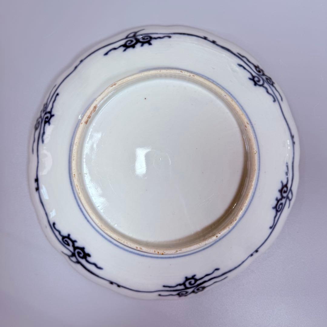 豪商家特注品　古伊万里　染錦風景画輪花型七寸皿　五客　直径21.5㎝