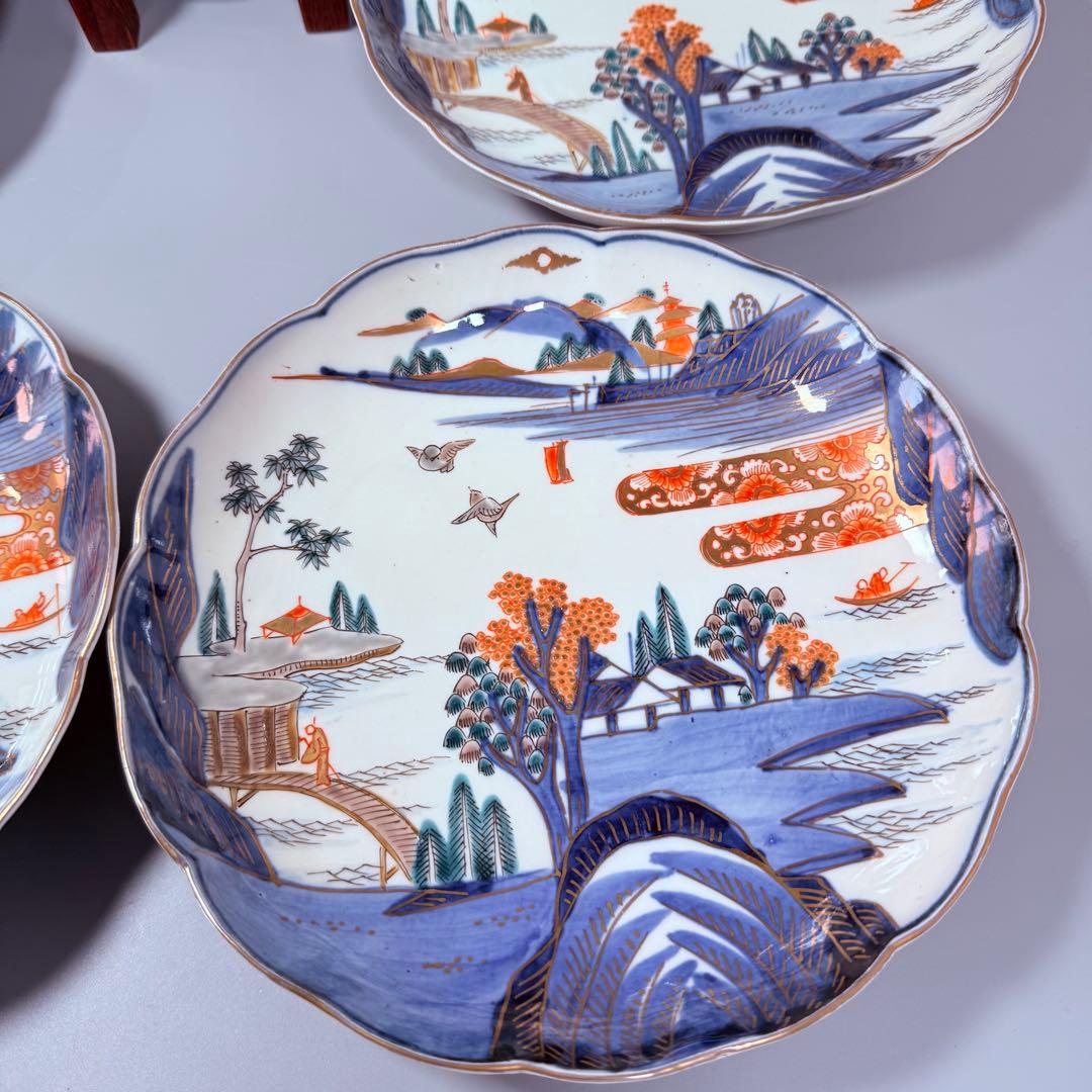 豪商家特注品　古伊万里　染錦風景画輪花型七寸皿　五客　直径21.5㎝