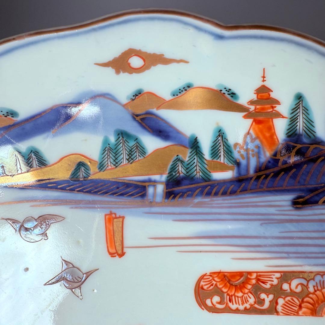 豪商家特注品　古伊万里　染錦風景画輪花型七寸皿　五客　直径21.5㎝
