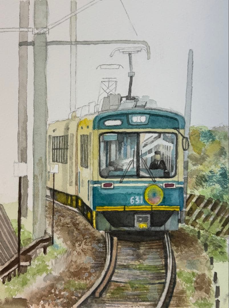 水彩画(F4サイズ、嵐電の風景)