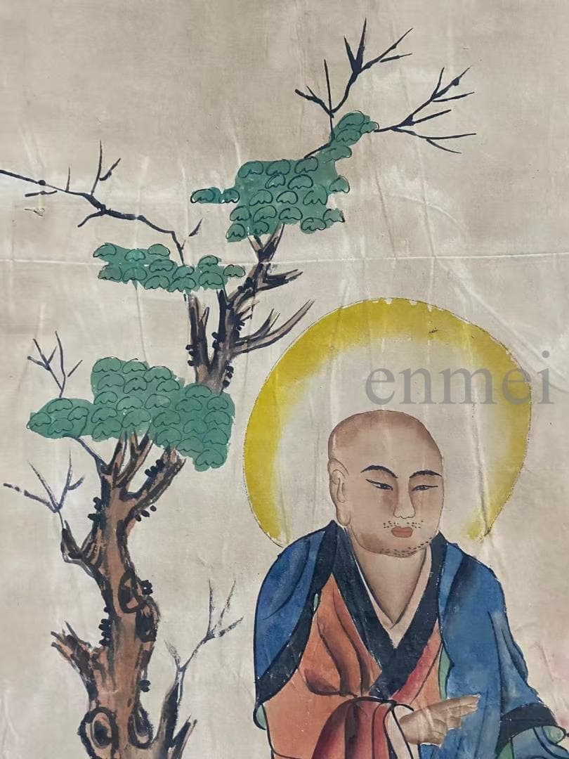 中国古美術・旧藏・明代風・丁雲鵬款・仏像図・絹本・中堂掛軸・純手描き・書画・骨董